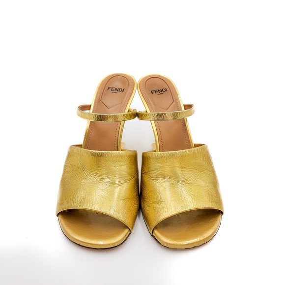 Fendi Gold Leather F Logo Slip-On Metal Heels Mules EU 37 - Picture 4 of 11
